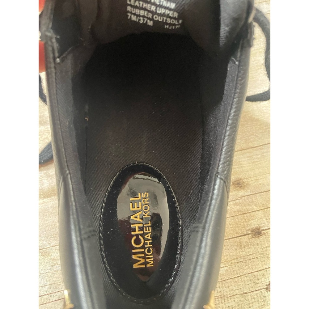 Michael Kors Frankie‎ Stripe Black Gold Leather Shoes Women Size 7 - Picture 6 of 7